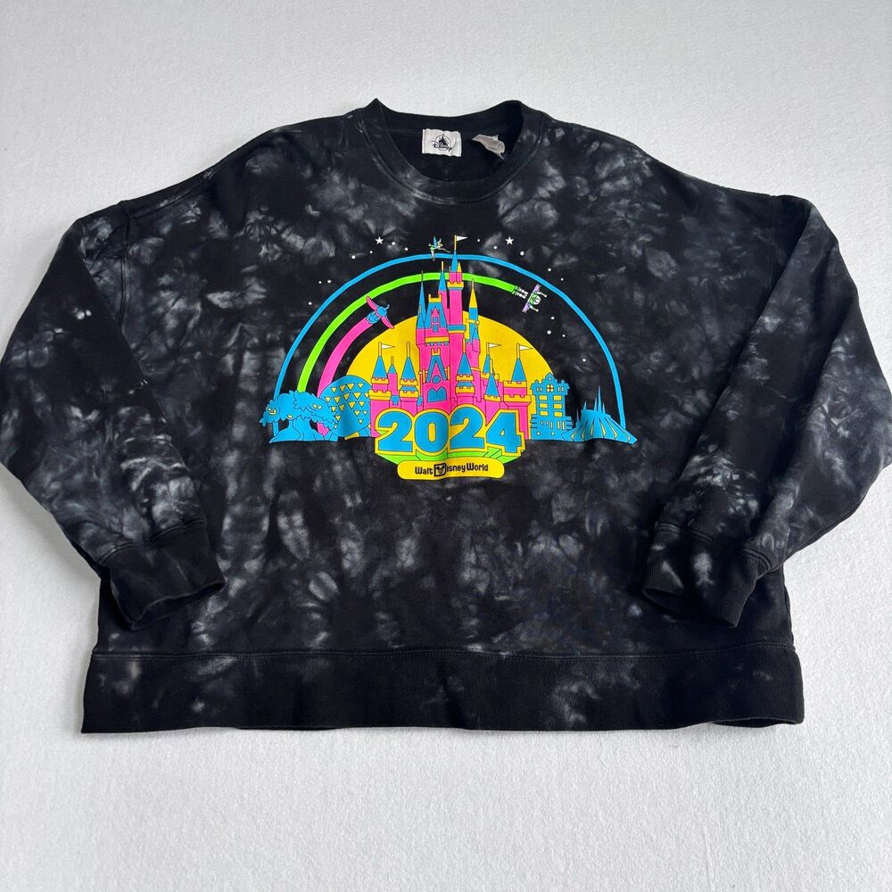 Walt Disney World 2024 Sweatshirt Women’s Small Black Tie Dye Castle Buzz Crew